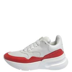 Pre Owned Alexander McQueen White/Red Leather And Mesh Oversized Runner Low Top Sneakers Size 37.5