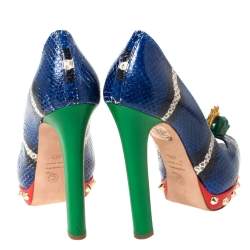 Pre Owned Alexander McQueen Multicolor Python Leather Crystal Skull Peep Toe Pumps Size 37.5