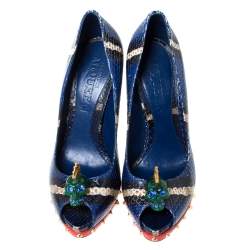 Pre Owned Alexander McQueen Multicolor Python Leather Crystal Skull Peep Toe Pumps Size 37.5
