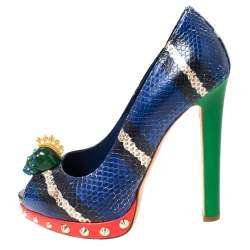 Pre Owned Alexander McQueen Multicolor Python Leather Crystal Skull Peep Toe Pumps Size 37.5