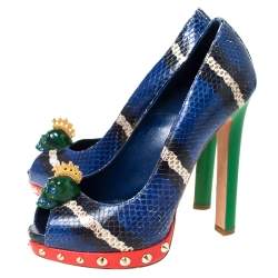 Pre Owned Alexander McQueen Multicolor Python Leather Crystal Skull Peep Toe Pumps Size 37.5