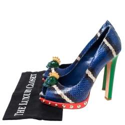 Pre Owned Alexander McQueen Multicolor Python Leather Crystal Skull Peep Toe Pumps Size 37.5