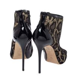 Pre Owned Alexander McQueen Black Lace And Patent Leather Peep Toe Booties Size 38