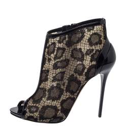 Pre Owned Alexander McQueen Black Lace And Patent Leather Peep Toe Booties Size 38