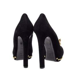 Pre Owned Alexander McQueen Black Suede Leather Skull Peep Toe Platform Pumps Size 38.5