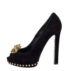 Pre Owned Alexander McQueen Black Suede Leather Skull Peep Toe Platform Pumps Size 38.5