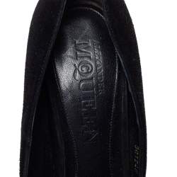 Pre Owned Alexander McQueen Black Suede Leather Skull Peep Toe Platform Pumps Size 38.5