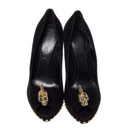 Pre Owned Alexander McQueen Black Suede Leather Skull Peep Toe Platform Pumps Size 38.5