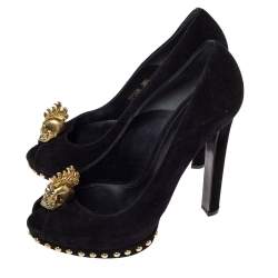 Pre Owned Alexander McQueen Black Suede Leather Skull Peep Toe Platform Pumps Size 38.5