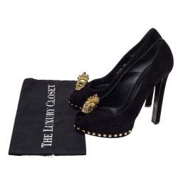 Pre Owned Alexander McQueen Black Suede Leather Skull Peep Toe Platform Pumps Size 38.5