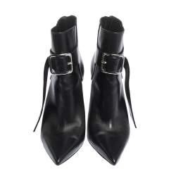 Pre Owned Alexander McQueen Black Leather Buckle Pointed Toe Booties Size 40