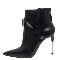 Pre Owned Alexander McQueen Black Leather Buckle Pointed Toe Booties Size 40