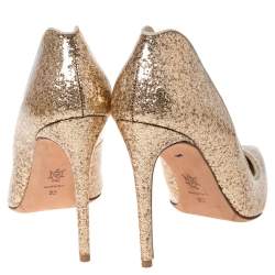 Pre Owned Alexander McQueen Gold Patent Glitter Leather Pointed Toe Pumps Size 38