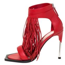 Pre Owned Alexander McQueen Red Leather Fringe Detail Sandals Size 38