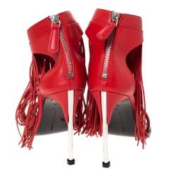 Pre Owned Alexander McQueen Red Leather Fringe Detail Sandals Size 38