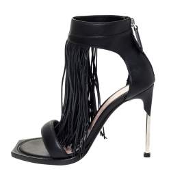 Pre Owned Alexander McQueen Black Leather Fringe Detail Sandals Size 38