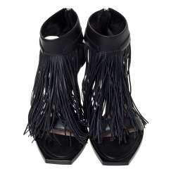 Pre Owned Alexander McQueen Black Leather Fringe Detail Sandals Size 38