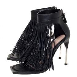 Pre Owned Alexander McQueen Black Leather Fringe Detail Sandals Size 38