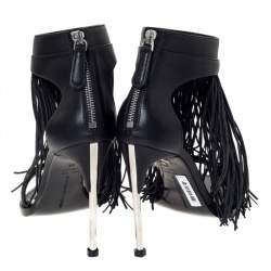 Pre Owned Alexander McQueen Black Leather Fringe Detail Sandals Size 38