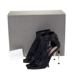 Pre Owned Alexander McQueen Black Leather Fringe Detail Sandals Size 38