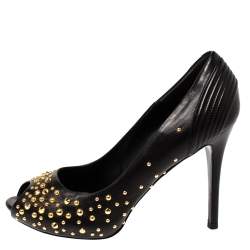 Pre Owned Alexander McQueen Black Leather Studded Peep Toe Pumps Size 38.5