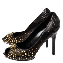 Pre Owned Alexander McQueen Black Leather Studded Peep Toe Pumps Size 38.5