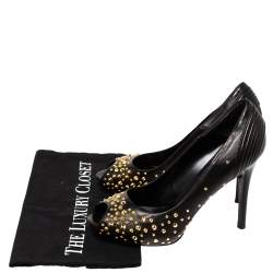 Pre Owned Alexander McQueen Black Leather Studded Peep Toe Pumps Size 38.5