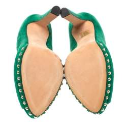 Pre Owned Alexander McQueen Green Suede Crystal Embellished Skull Peep Toe Platform Pumps Size 40