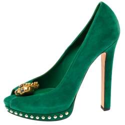 Pre Owned Alexander McQueen Green Suede Crystal Embellished Skull Peep Toe Platform Pumps Size 40