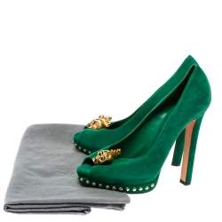 Pre Owned Alexander McQueen Green Suede Crystal Embellished Skull Peep Toe Platform Pumps Size 40