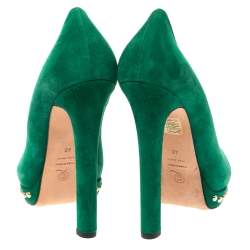 Pre Owned Alexander McQueen Green Suede Crystal Embellished Skull Peep Toe Platform Pumps Size 40