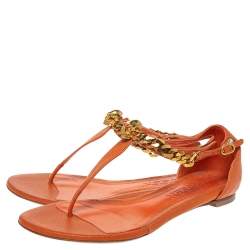 Pre Owned Alexander McQueen Orange Leather Crystal Embellished Skull Flat Thong Sandals Size 37