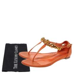 Pre Owned Alexander McQueen Orange Leather Crystal Embellished Skull Flat Thong Sandals Size 37