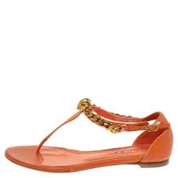 Pre Owned Alexander McQueen Orange Leather Crystal Embellished Skull Flat Thong Sandals Size 37
