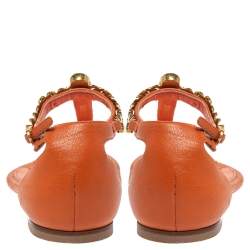 Pre Owned Alexander McQueen Orange Leather Crystal Embellished Skull Flat Thong Sandals Size 37