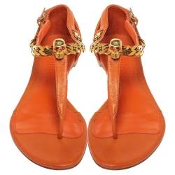 Pre Owned Alexander McQueen Orange Leather Crystal Embellished Skull Flat Thong Sandals Size 37