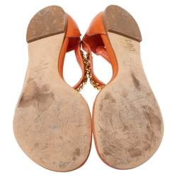 Pre Owned Alexander McQueen Orange Leather Crystal Embellished Skull Flat Thong Sandals Size 37