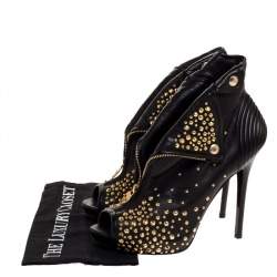 Pre Owned Alexander McQueen Black Leather Studded Faithful Skull Peep Toe Ankle Boots Size 41