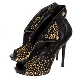 Pre Owned Alexander McQueen Black Leather Studded Faithful Skull Peep Toe Ankle Boots Size 41