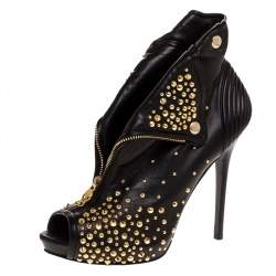 Pre Owned Alexander McQueen Black Leather Studded Faithful Skull Peep Toe Ankle Boots Size 41