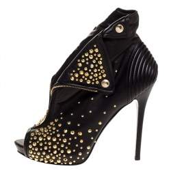 Pre Owned Alexander McQueen Black Leather Studded Faithful Skull Peep Toe Ankle Boots Size 41