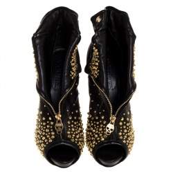 Pre Owned Alexander McQueen Black Leather Studded Faithful Skull Peep Toe Ankle Boots Size 41