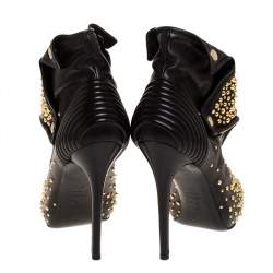 Pre Owned Alexander McQueen Black Leather Studded Faithful Skull Peep Toe Ankle Boots Size 41
