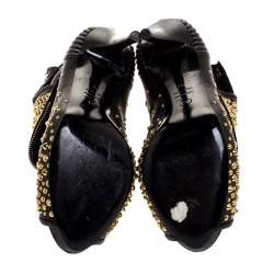 Pre Owned Alexander McQueen Black Leather Studded Faithful Skull Peep Toe Ankle Boots Size 41