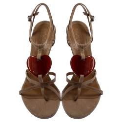 Pre Owned Alexander McQueen Beige Leather Heart T Strap Sandals Size 38.5