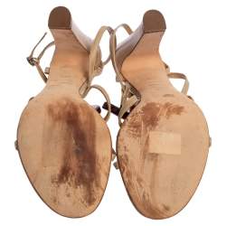 Pre Owned Alexander McQueen Beige Leather Heart T Strap Sandals Size 38.5