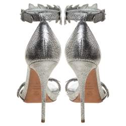 Pre Owned Alexander McQueen Metallic Silver Textured Leather Ivy Leaf Embellished Open Toe Sandals Size 39.5
