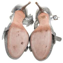 Pre Owned Alexander McQueen Metallic Silver Textured Leather Ivy Leaf Embellished Open Toe Sandals Size 39.5