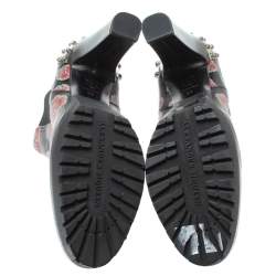 Pre Owned Alexander McQueen Black Leather Poppy Flower Print Ankle Boots Size 38