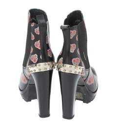 Pre Owned Alexander McQueen Black Leather Poppy Flower Print Ankle Boots Size 38